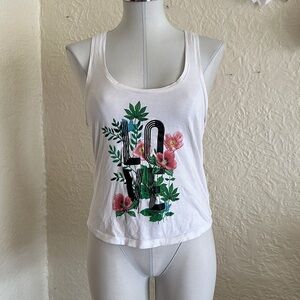 Victoria’s Secret White Racerback Tank Top Love Pink Floral Green Leaves XS